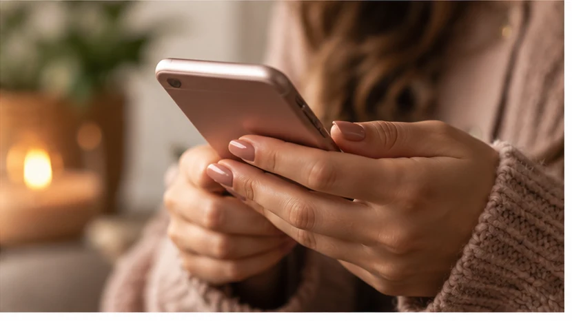 Zbliżenie na dłonie trzymające smartfon z rozświetlonym ekranem